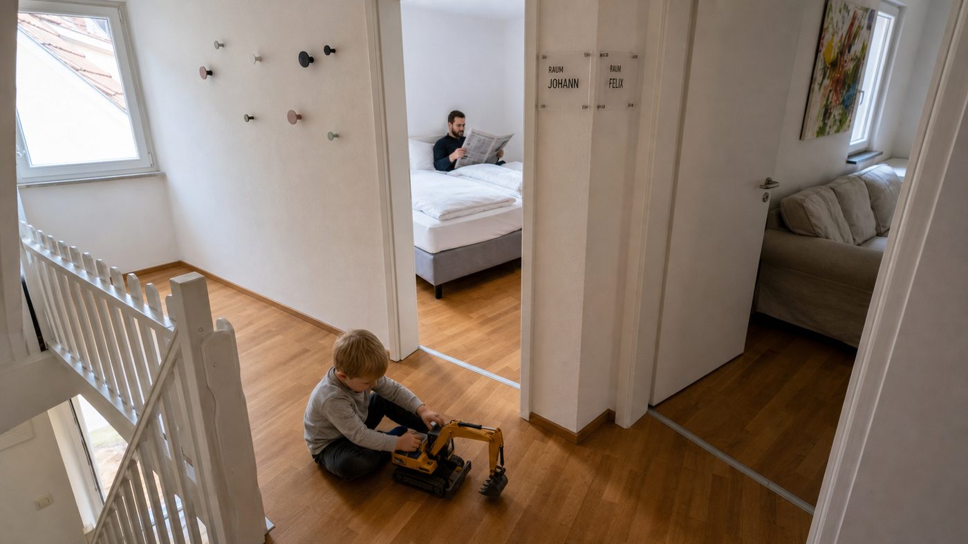 Kind spielt auf dem hellen Obergeschoss-Flur, Vater liest im Schlafzimmer im Hintergrund