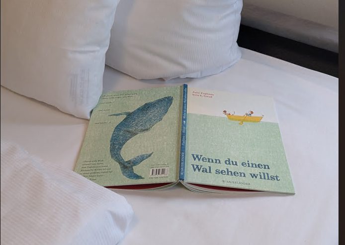 Kinderbuch auf dem frisch bezogenen Bett im zweiten Schlafzimmer des Ferienhauses am Main