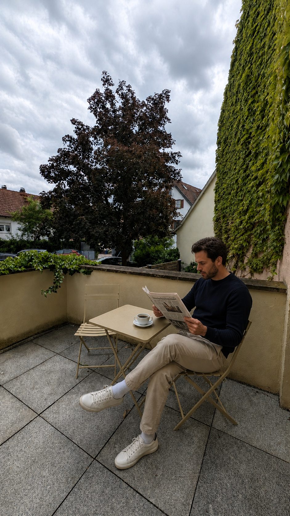 Mann liest Zeitung auf der Terrasse des Ferienhauses am Main mit Kaffee