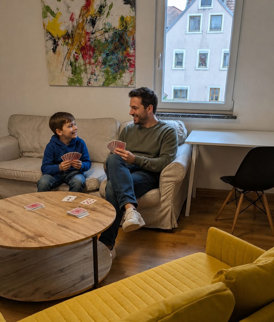 Vater und Kind spielen gemeinsam Karten im Wohnzimmer des Ferienhauses am Main